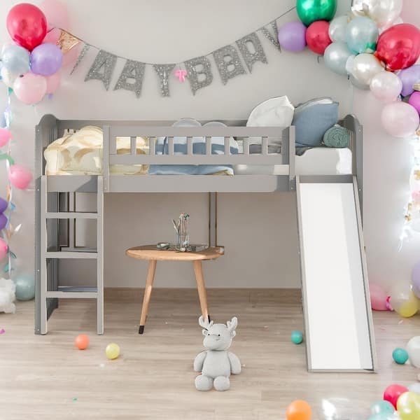 slide 2 of 24, Twin Size Loft Bed With Slide and Ladder And Solid Construction For Bedroom,Dorm,Kids Grey