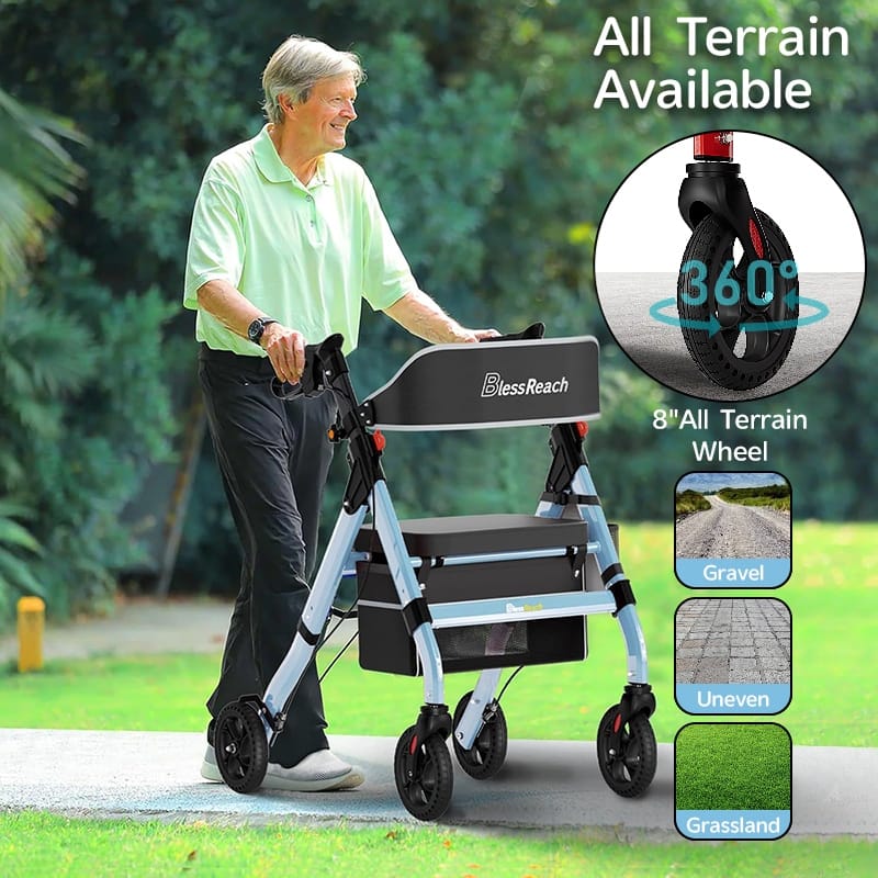 Foldable Rollator Walkers with Seat for Seniors, 450 lb Capacity, 8" Wheels, 18" Big Seat, 6-Position Adjustable Height