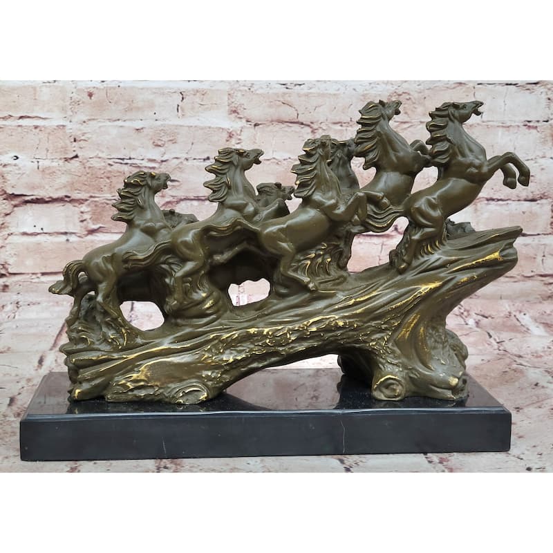 Eight Galloping Imitative Horses Bronze Sculpture On Marble Base Signed M. Lopez