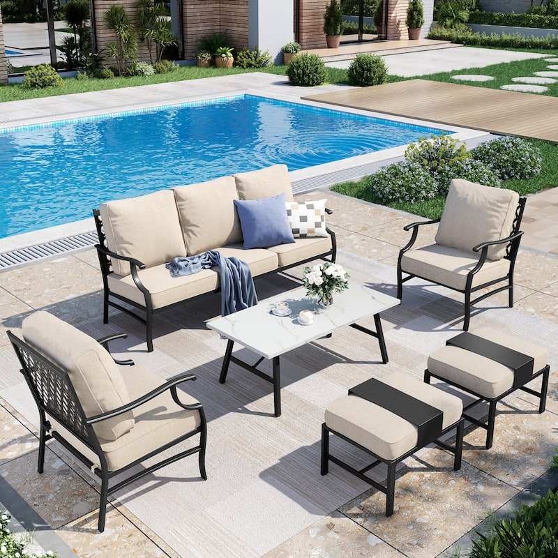MAISON ARTS Patio Conversation Sets 5/7/9-Seat, Sofa Set with 2 Single Sofa Chairs, 3-Seater Sofa, Ottoman and Coffee Table - 6-Piece - Set 1-Fixed Chairs with Ottoman