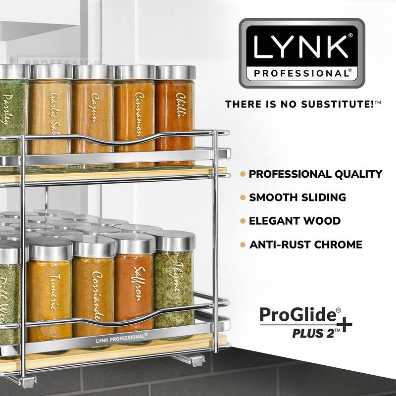 LYNK PROFESSIONAL® Élite™ Pull Out Spice Rack Organizer for Cabinet - 10-1/4 inch W - Lifetime Ltd Warranty, Wood- 2 Tier