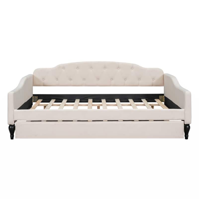 Full Size Upholstered Tufted Daybed with Twin Size Trundle, Beige