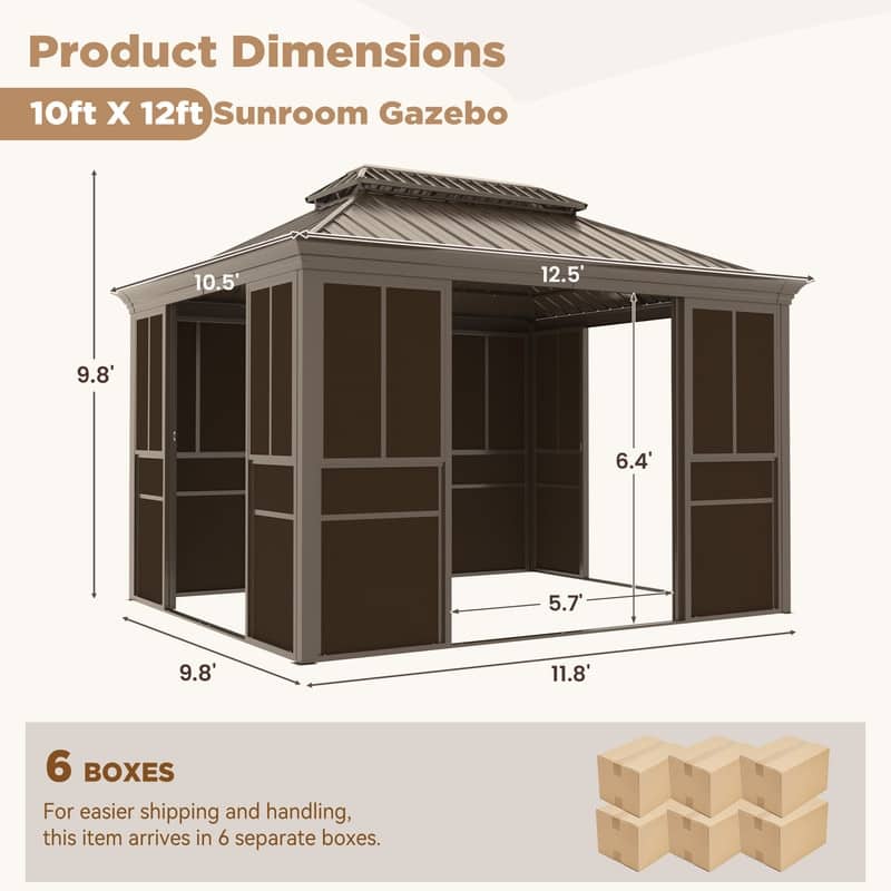 Hardtop Sunroom with Double Steel Roof, Sliding/Lockable Doors & Screens - All-Season Rustproof Aluminum Frame,Advanced Drainage