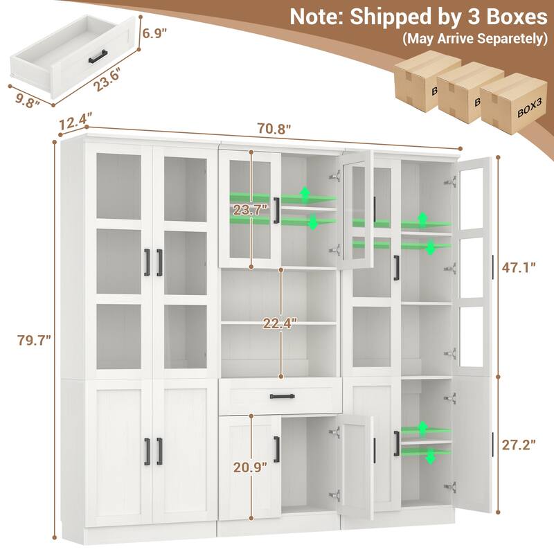 Set of 3 Freestanding Display Bookcase with Glass Doors & Adjustable Shelves & Drawer, for Living Room, Dining Room,Home Office.