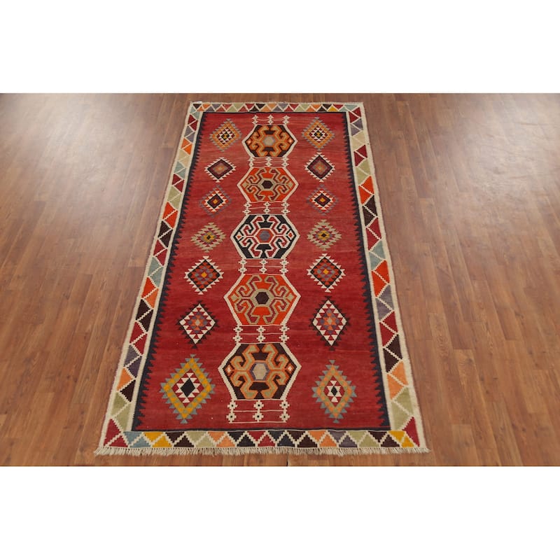 Kilim Qashqai Persian Vintage Rug Hand-Knotted Red Wool Carpet - 4'2"x 7'11"