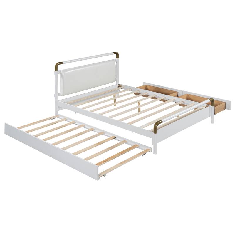 Queen Size White Wooden Storage Platform Bed with Trundle and Drawers