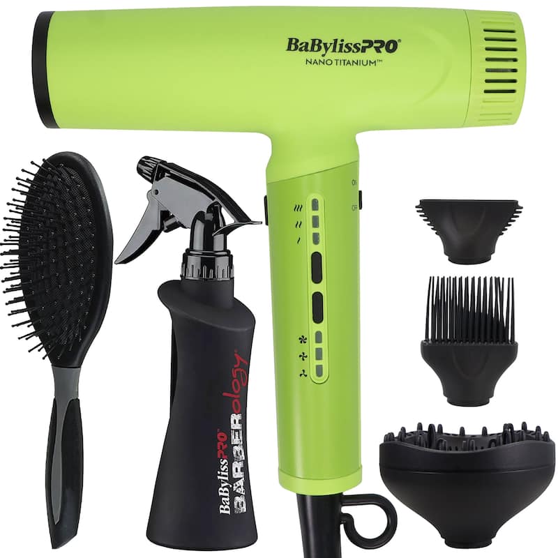 BaBylissPRO Nano Titanium Light Ionic High Speed Hair Dryer - Neon Yellow (BNTC9200NY) + Spray Bottle + Brush - Neon Yellow - Neon Yellow