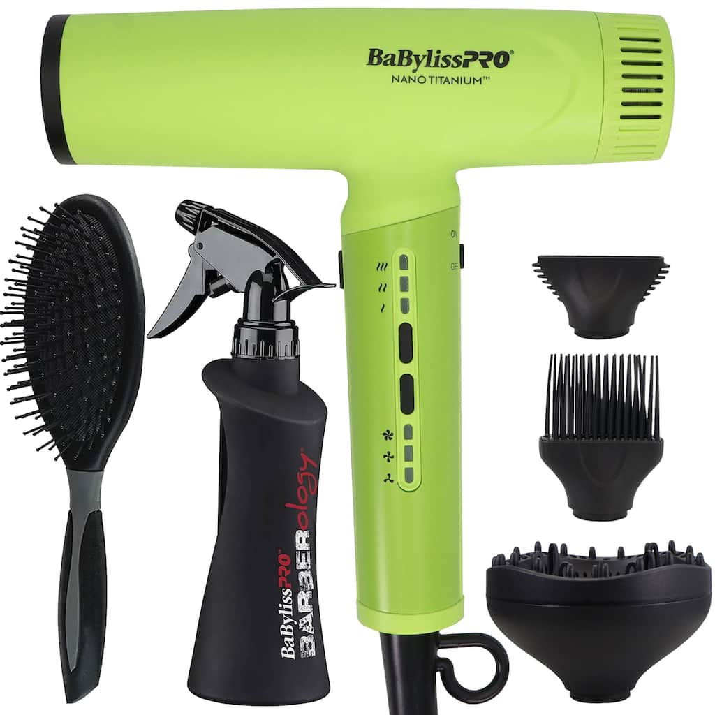 BaBylissPRO Nano Titanium Light Ionic High Speed Hair Dryer - Neon Yellow (BNTC9200NY) + Spray Bottle + Brush - Neon Yellow