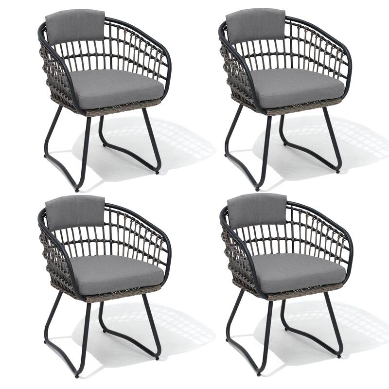 Outdoor Patio Wicker PE Rattan Dining Chairs Set with Seat Back Cushion - Grey-4PC