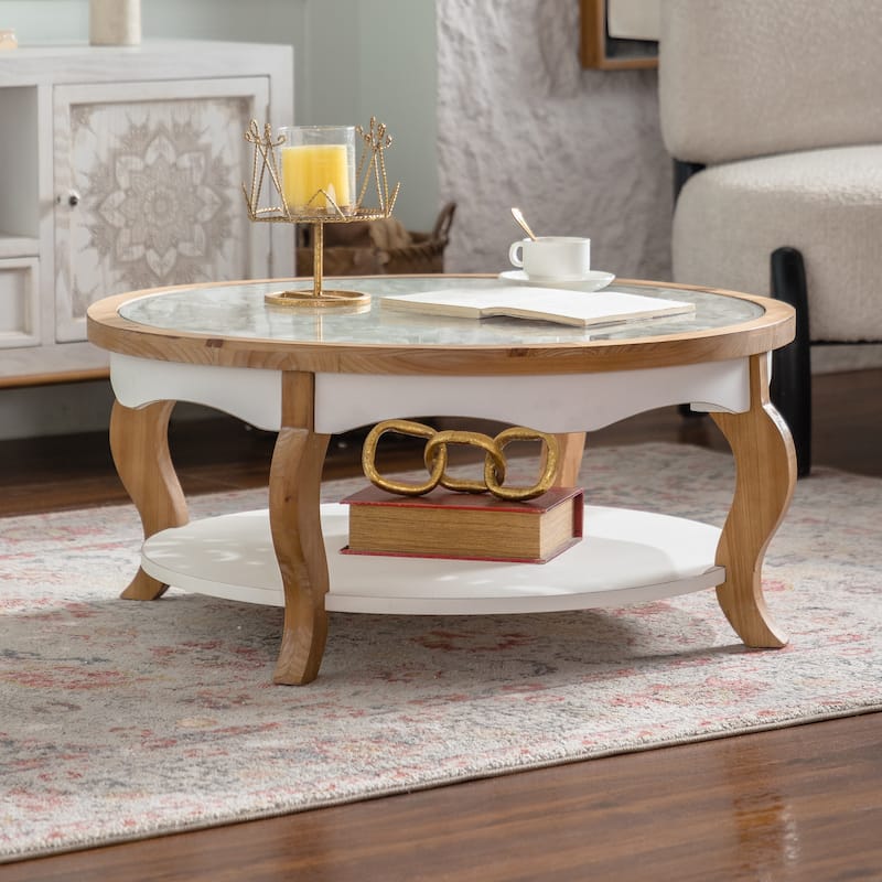 GDFStudio - Farmhouse Round Coffee Table with Tempered Glass Top and 2-Tier Open Storage