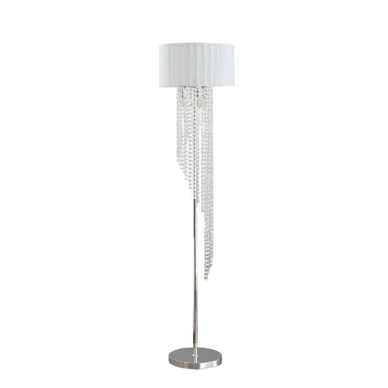 66" Clear And Silver Crystal And Metal Floor Lamp With White Linen Drum Shade - 15.75" x 15.75" x 65.75"