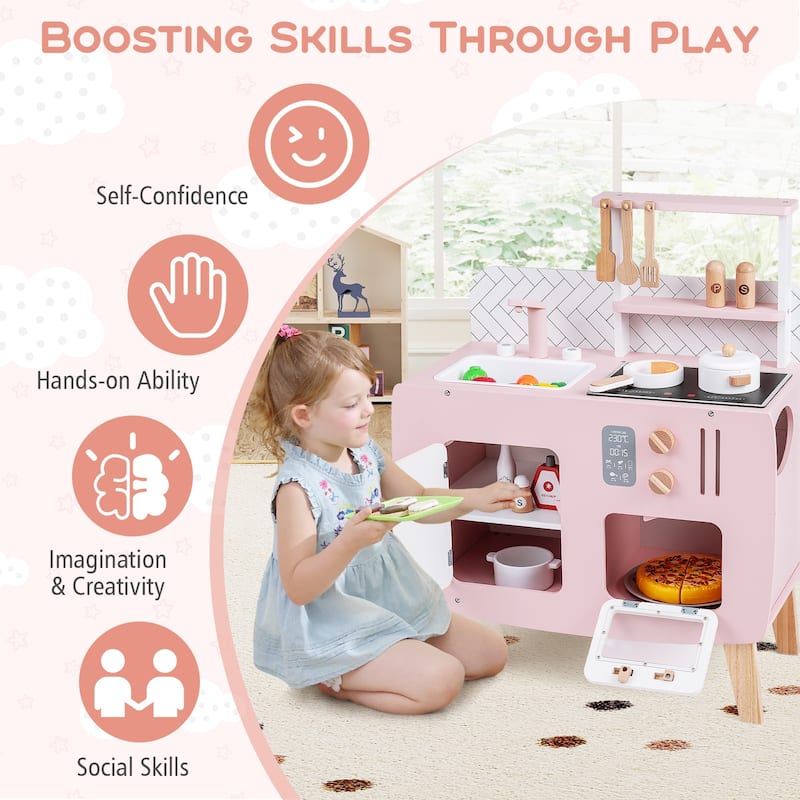 Gymax Play Kitchen w/Stoves Sink Faucet Oven Storage Cabinet Shelves