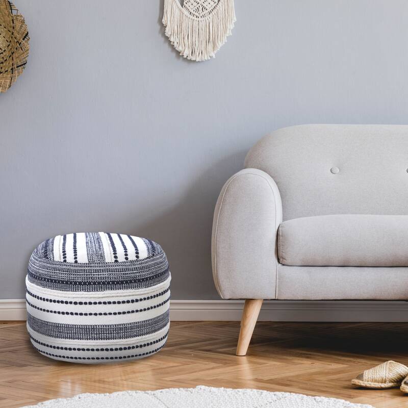 18" Navy and White Seaside Striped Handcrafted Round Pouf Ottoman