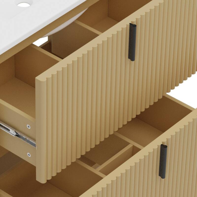 Bathroom Vanity with Ceramic Sink, Freestanding Bathroom Storage Cabinet, Fluted Bathroom Vanity with 2 Full-Extension Drawers