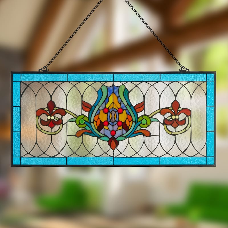 River of Goods Fleur De Lis Stained Glass Pub Window Panel - 30"L x 0.25"W x 14"H - Blue