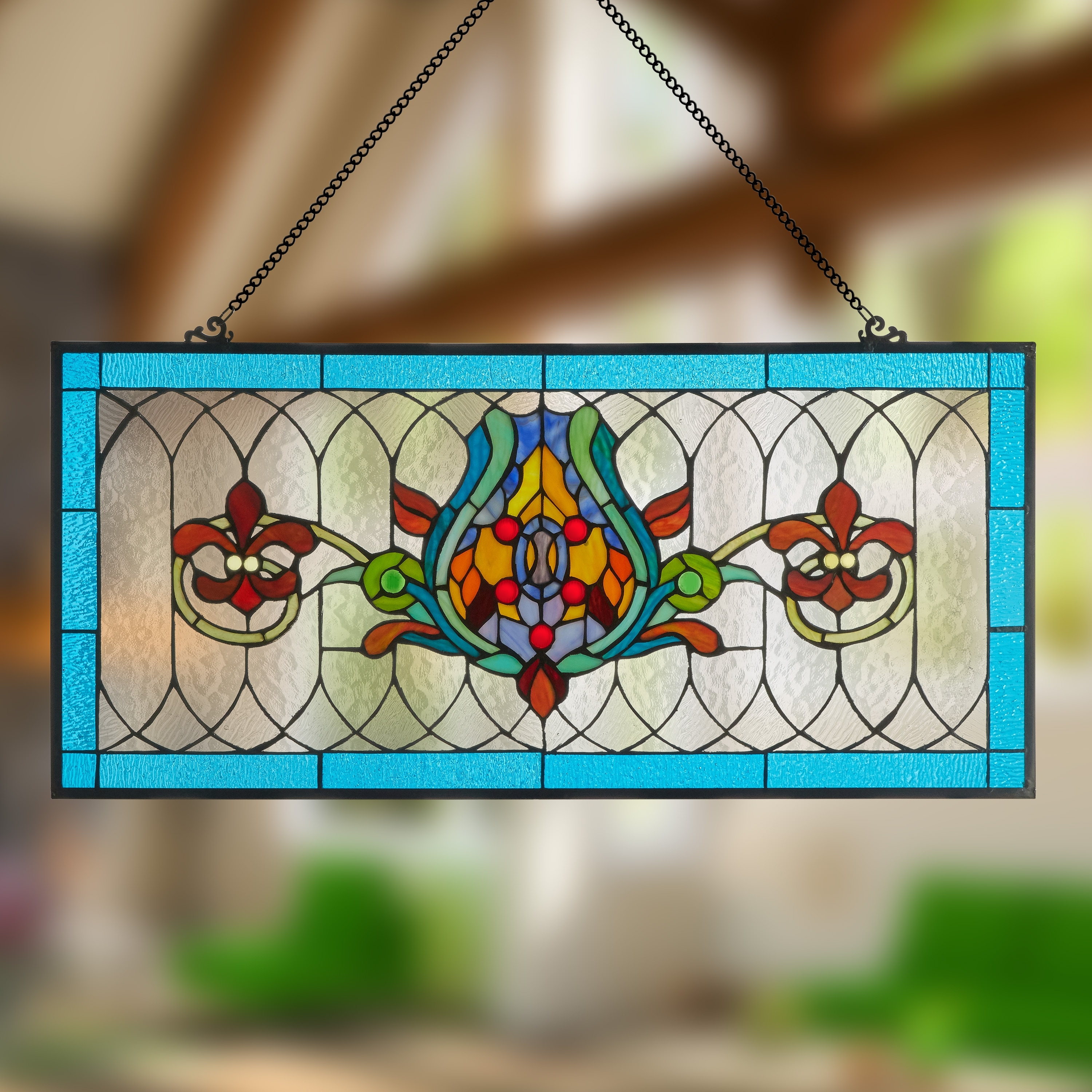 River of Goods Fleur De Lis Tiffany-Style Stained Glass Pub Window Panel - 30"L x 0.25"W x 14"H