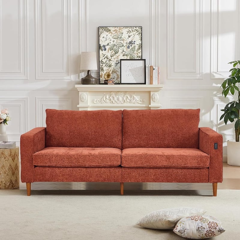 82.68'' Sofa for Living Room, Loveseat Sofa with USB/Type-C Port, Comfy Chenille Love Seat Couch with Removable Cover - Light Brown