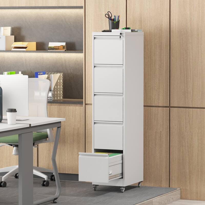 5 Drawer Metal Vertical File Cabinet with Lock on Wheels for Home Office,Heavy Duty Metal Storage Cabinet