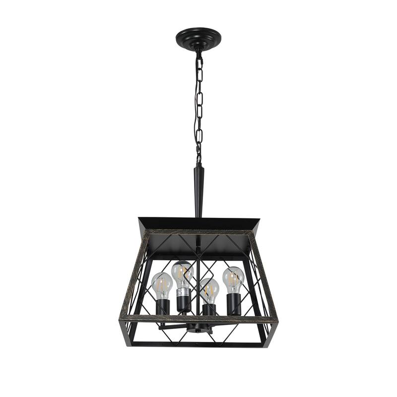 16" 4-Light Black Gold Industrial Pendant - Metal Cage - Adjustable(No Bulbs)