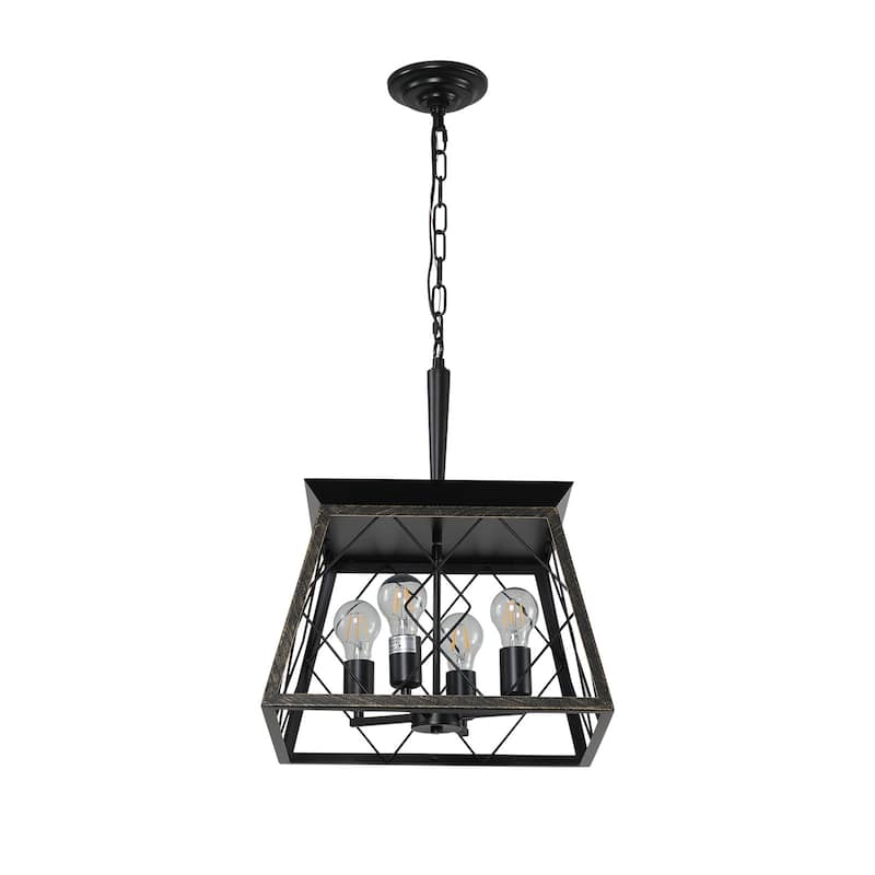 16" Black Gold Industrial 4-Light Pendant Chandelier, Modern Metal Cage Design, Adjustable Hanging Light(No Bulbs)