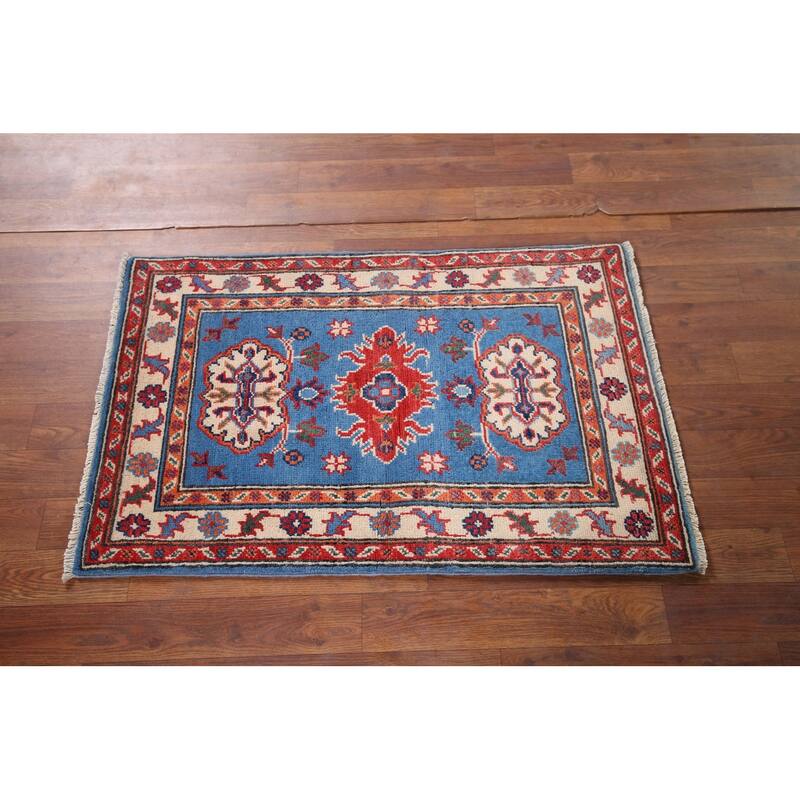 Geometric Blue Kazak Accent Rug Handmade Wool Carpet - 2'0" x 3'1"