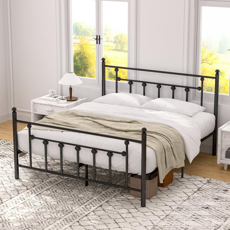 14 Inch Metal Victorian Platform Bed Frame with Headboard and Footboard, Heavy Duty Mattress Foundation with Steel Slats Support - Black - Full