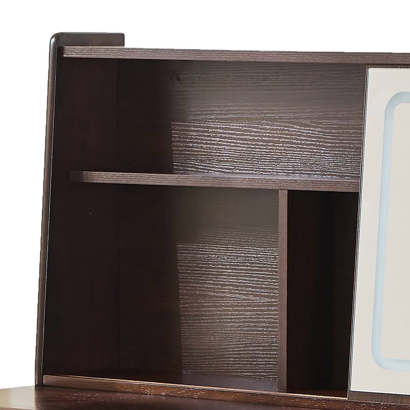 Mid-Century Modern Makeup Vanity Desk Set Includes Dressing Table & Stool, Sliding Makeup Mirror with 3-Color LED Light, Walnut