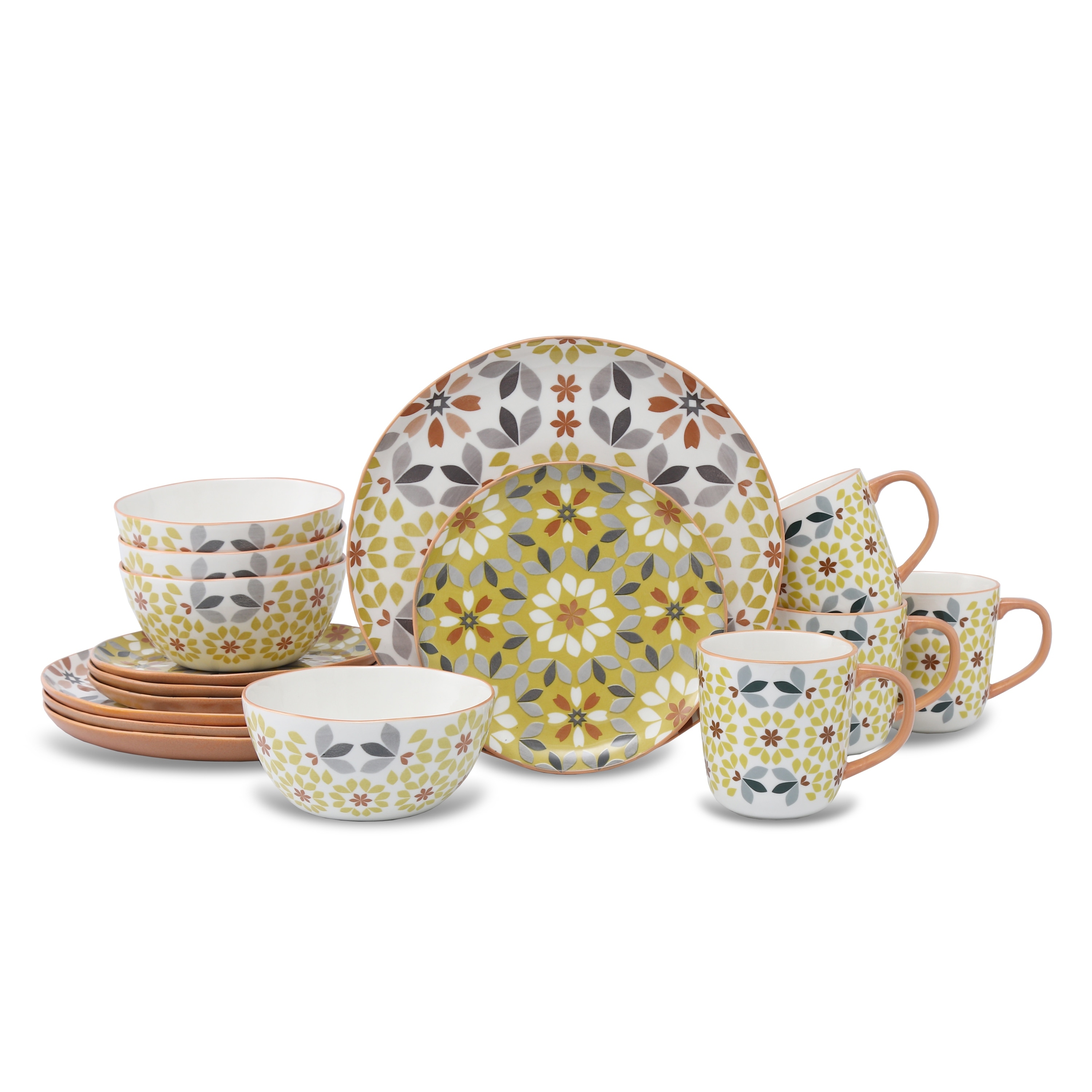 Lorren Home Trends 16-Piece Bone China Floral Dinnerware Set, Yellow and Gray Pattern