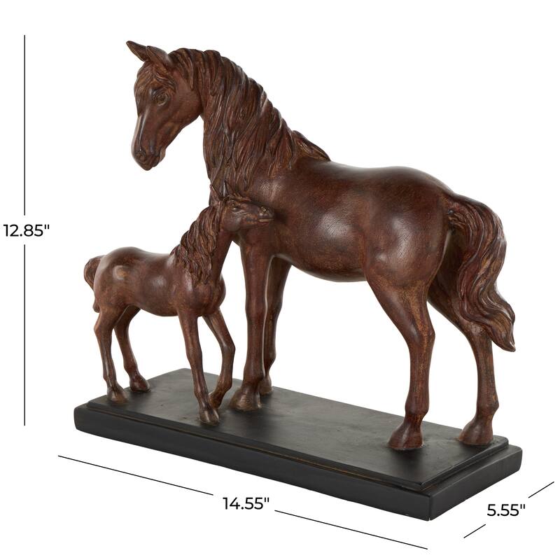 Dark Brown Ceramic Mom and Baby Horse Decorative Sculpture with Black Rectangle Base