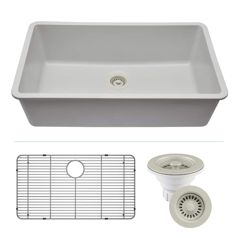 Lexicon Drop-In Quartz 32 Inch Single Bowl Kitchen Sink Kit - 32"x19" - Galaxy White