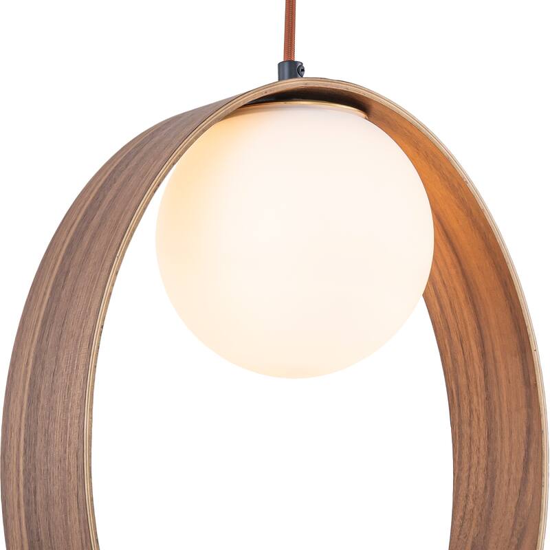 12-in Modern Wood Pendant Light Opal Glass Globe Kitchen Hanging Lamp - Dia.12-in