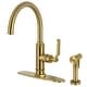 preview thumbnail 2 of 45, Kingston Brass Whitaker Single-Handle Deck Mount Kitchen Faucet with Brass Sprayer Brushed Brass