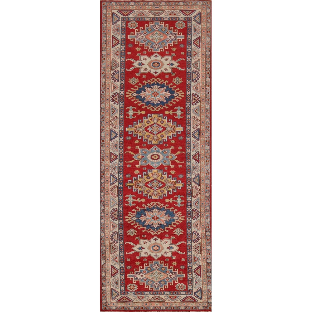 Kazak Oriental Runner Rug Hand-Knotted Red Geometric Wool Carpet - 2'8" x 9'9"