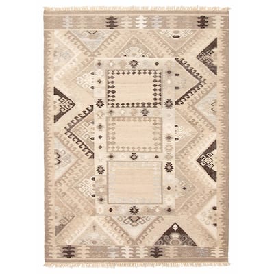 ECARPETGALLERY Flat-Weave Ankara FW Light Khaki Wool Kilim - 5'4 x 7'6
