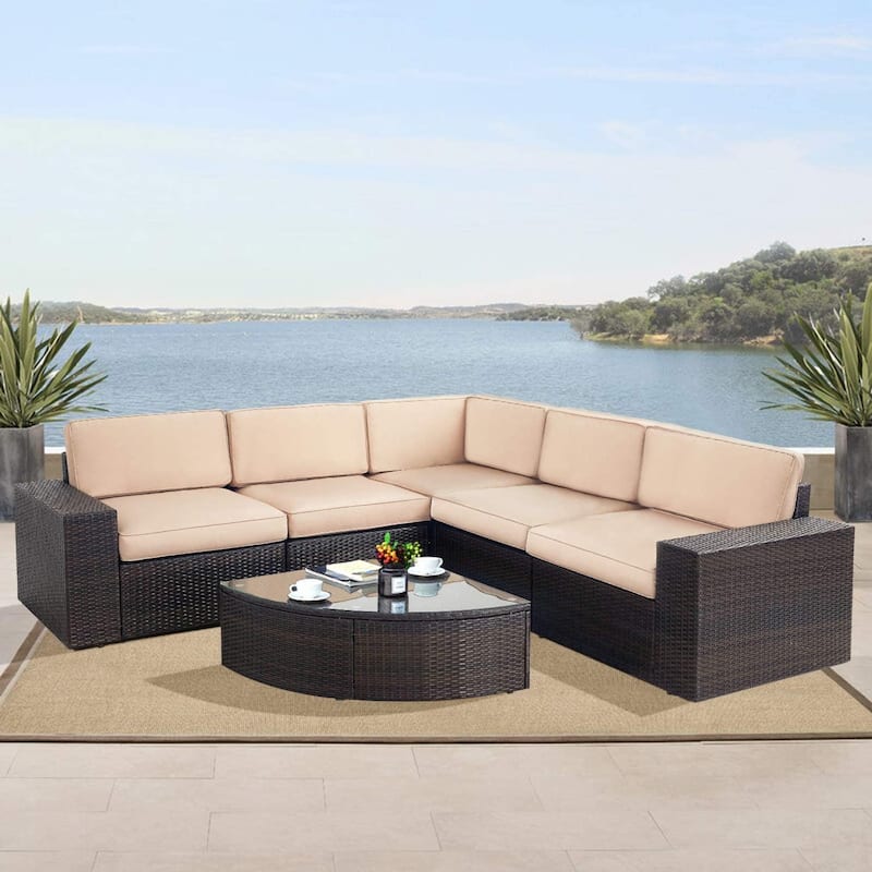 Suncrown Outdoor 6-piece Brown Rattan Sectional Sofa Set with Table - Brown