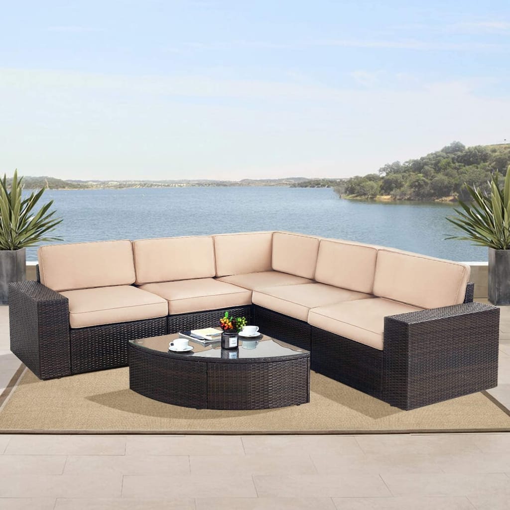 Suncrown Outdoor 6-piece Brown Rattan Sectional Sofa Set with Table