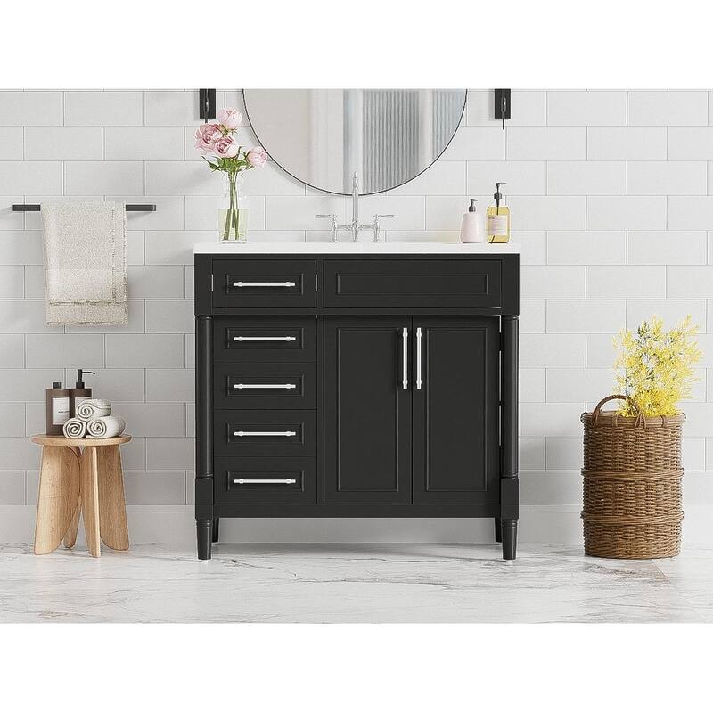 Roomfitters 36" Vanity with Resin Sink, Cabinet with 2 Drawers and Tip-out Tray, Solid Wood Freestanding Unit, Adjustable Shelf