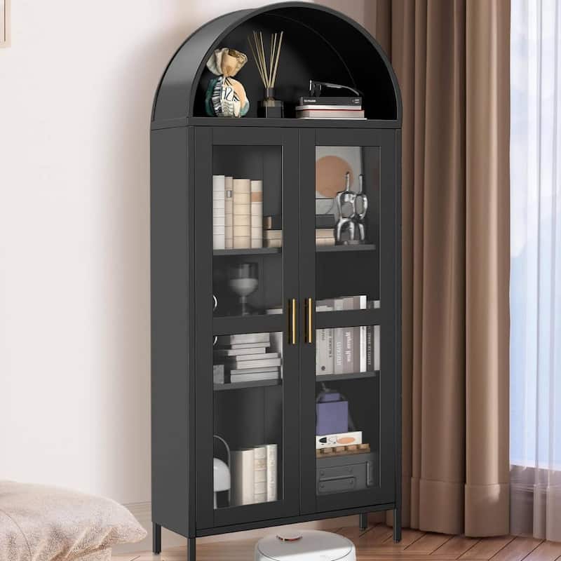 73 in Tall Arched Metal Storage Display Cabinet with Glass Door - N/A - Black