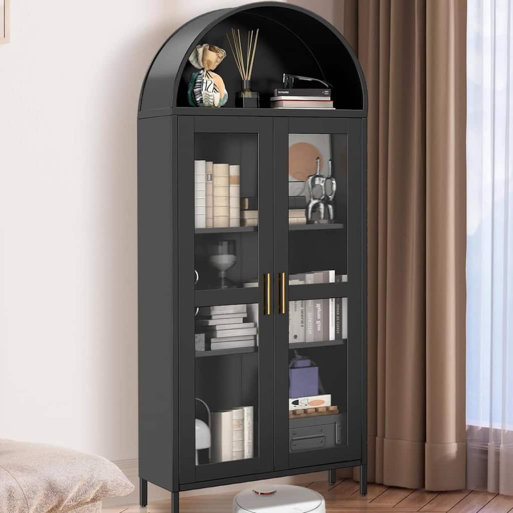 73 in Tall Arched Metal Storage Display Cabinet with Glass Door - N/A