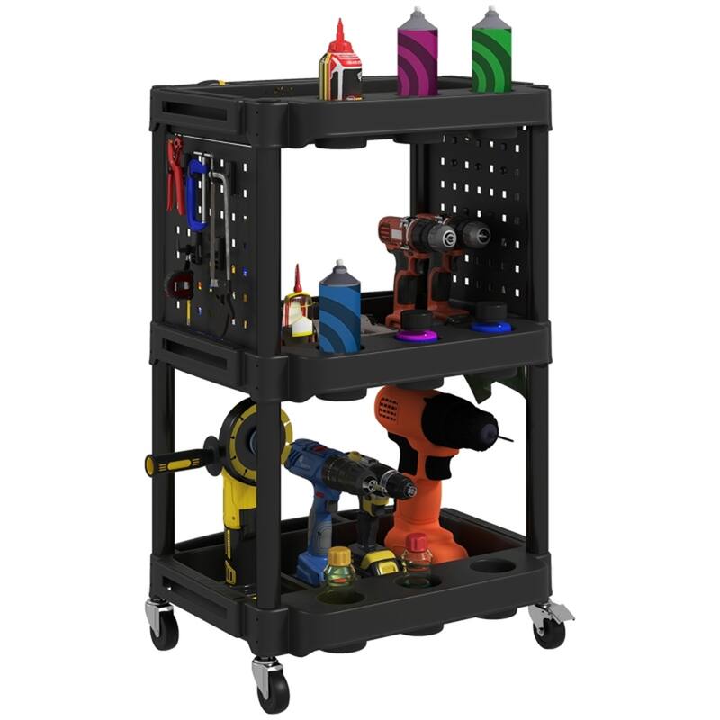 Three-Tier Mobile Rolling Tool Cart with Hooks and Storage Holes for Garage Workshop Organizer - 22.2" W x 18.7" D x 35" H