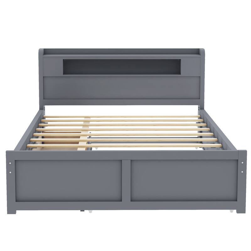 Queen Size Platform Bed with LED Headboard, Trundle & Drawers