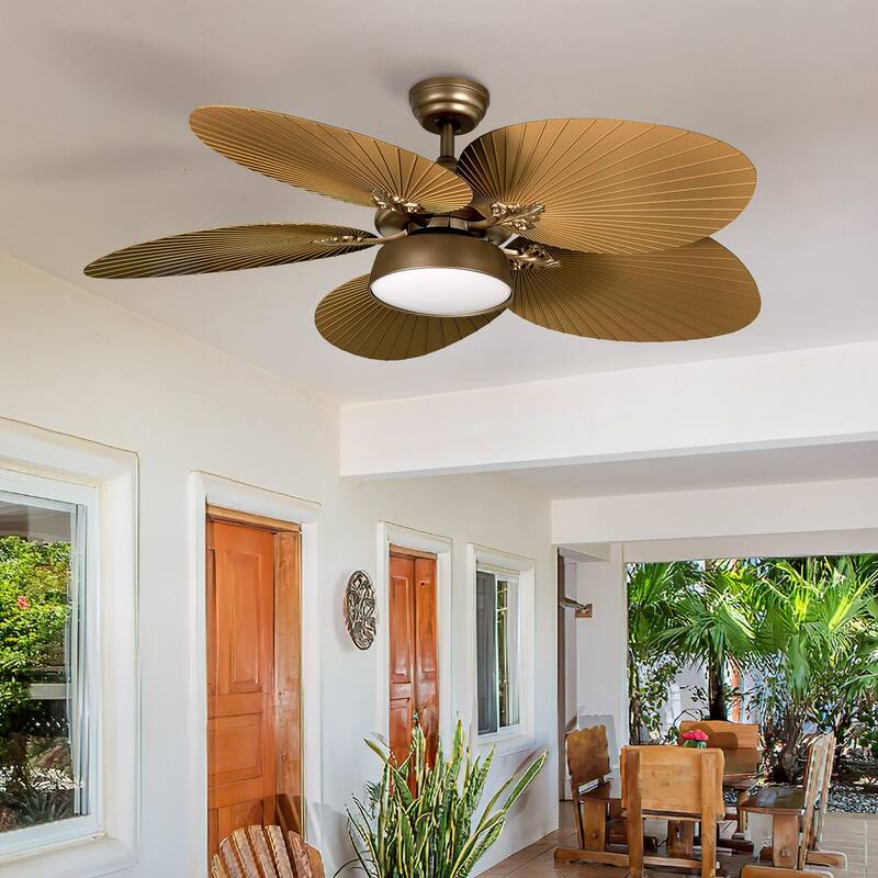 52" Moasis Palm Leaf Ceiling Fan LED Light Tropical Style with Remote - Gold Blades