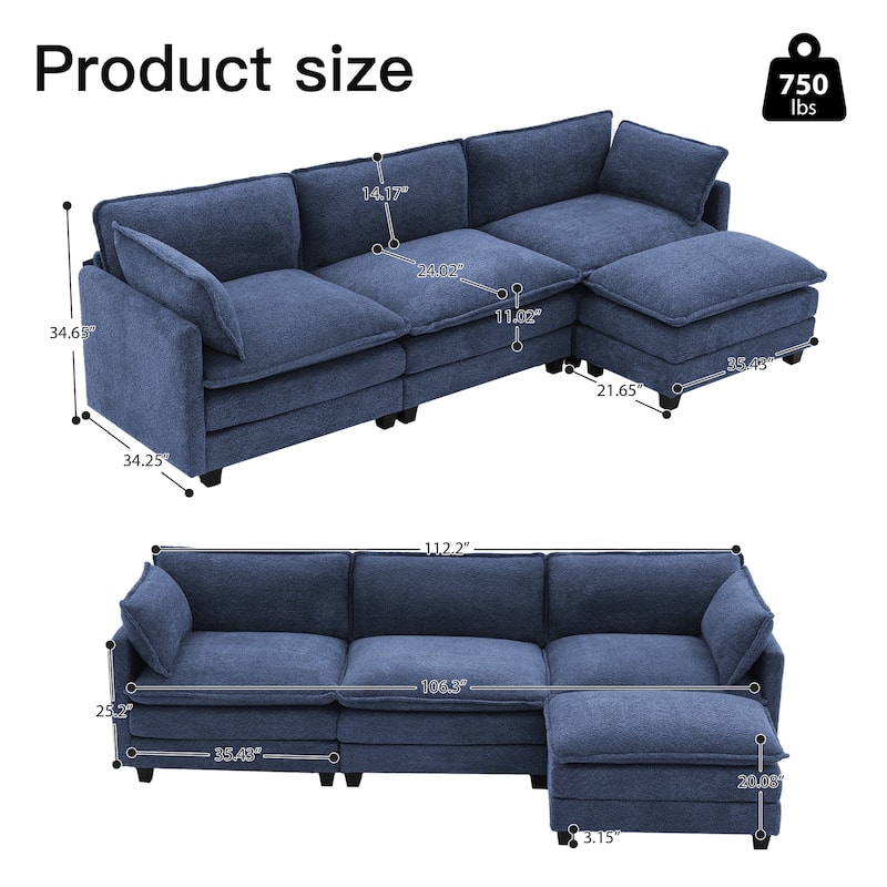 CLICKBIN Chenille Fabric Stragiht Arm L-Shaped Modular Sectional Sofa Couch with Ottoman for Living Room