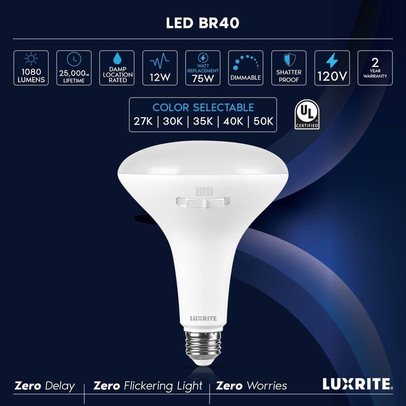 Luxrite BR40 LED Light Bulb 12W=90W 5CCT Dimmable 1080LM LED Flood Light Bulb E26 Base 12 Pack