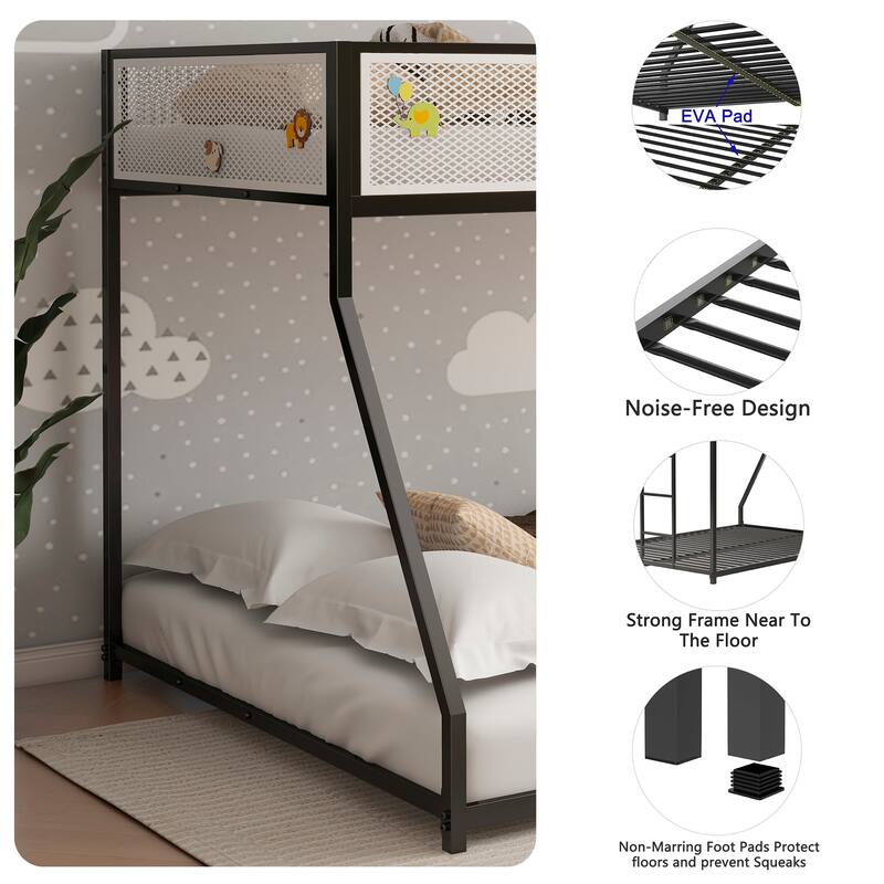 Adam Twin Over Full Metal Bunk Bed (Black) - White Mesh Guard Rail, Low Profile, Stable Ladder - for Kids & Adults