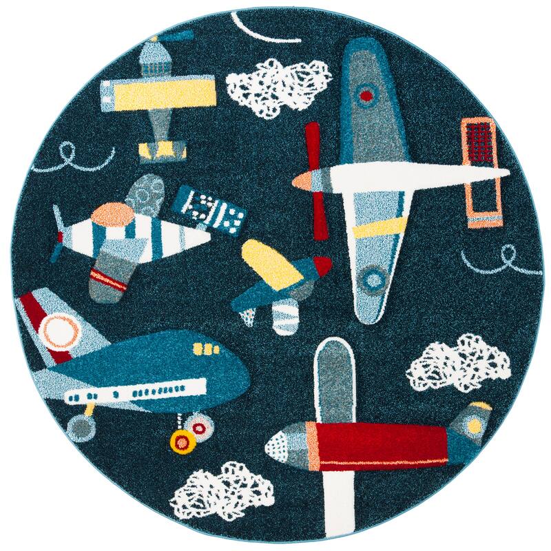 SAFAVIEH Carousel Kids Ardak Airplane Rug - 4' Round - Navy/Ivory - Round
