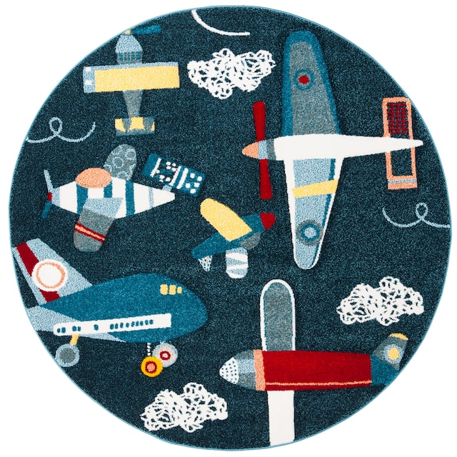 SAFAVIEH Carousel Kids Ardak Airplane Rug - 4' x 4' Round - Navy/Ivory