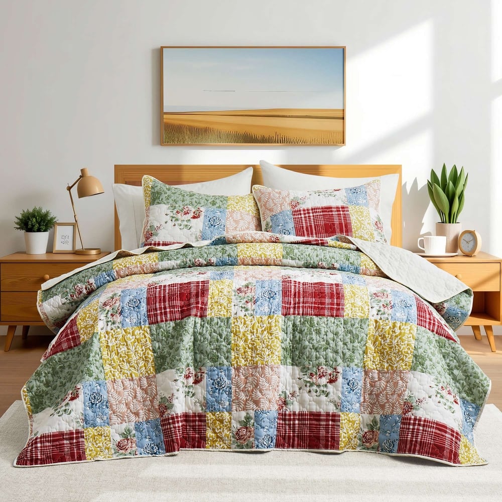 3 PCS Printed Coverlet Set Floral Geometric Bedspread Reversible Quilt and Shams Set