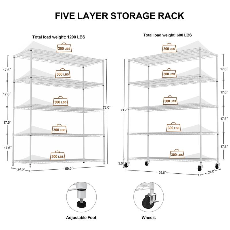 5 Tier Steel Heavy Duty Adjustable Shelves with Wheels and Feet