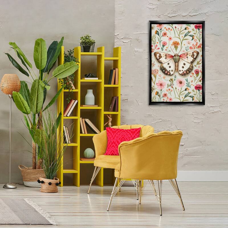 Stupell Botanical Butterfly on Florals Framed Floater Canvas Wall Art Design By The Dutch Lady